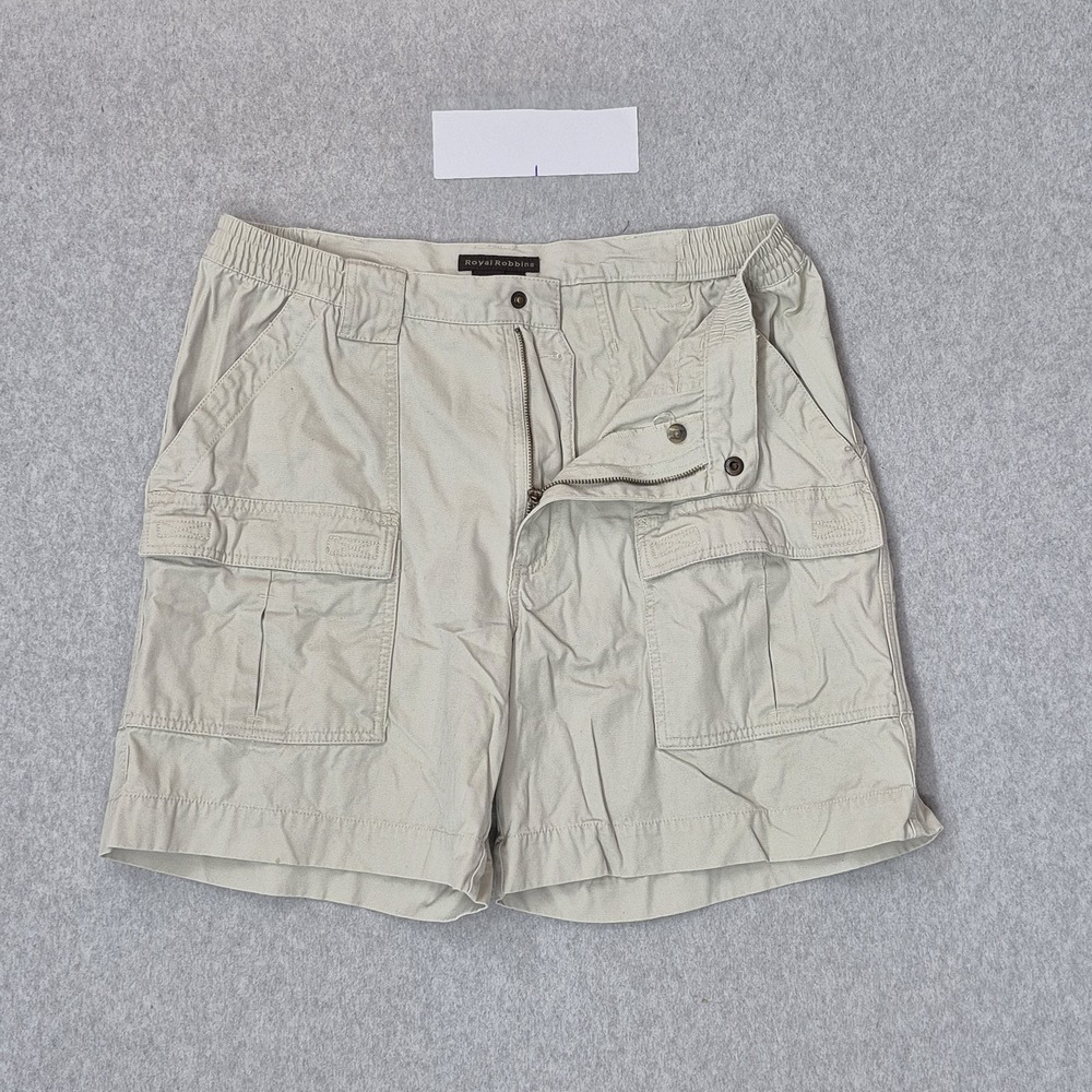 Royal Robbins Men Shorts US 36 Beige Cargo Button Zipper 7" Inseam Outdoor Y2K